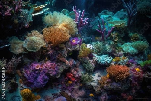 An underwater scene with colorful coral reefs