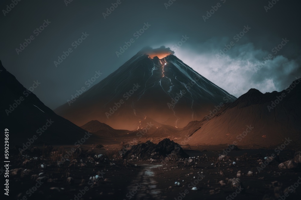 Dramatic aerial perspective of a smoking volcano surrounded by rugged terrain Generative AI