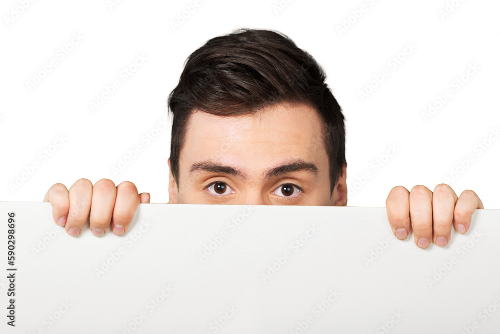 young man holding a blank empty banner over his face young man holding a blank empty banner over his face