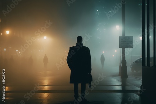 A businessman standing alone in a misty city, contemplating the future. Generative AI