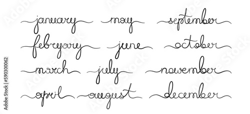 Months names line cursive handwritten set. Calendar months of year continuous calligraphic brush drawn script collection. Hand drawn lettering text for calendar and organizer, planner vector