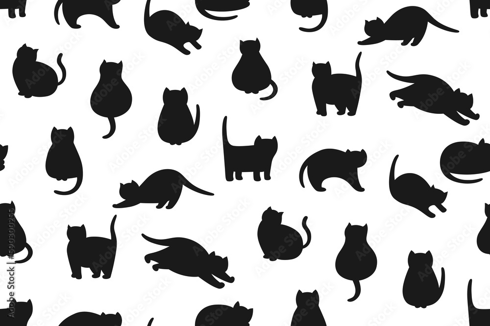 Cats cute silhouette seamless pattern. Shape kitty purebred different poses boundless wallpaper. Cats sleeping, stretching, playing meow endless background. Kitten shadow characters pet animals vector
