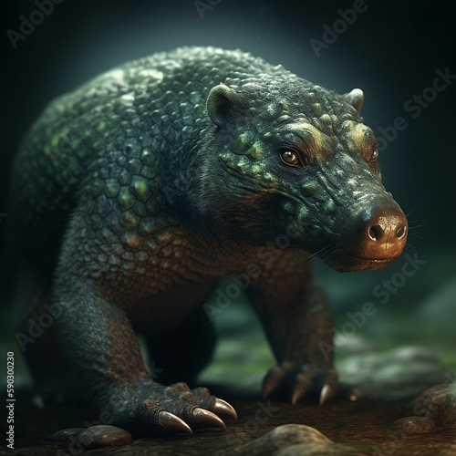 Bear with scaly skin, cave background, generative AI
