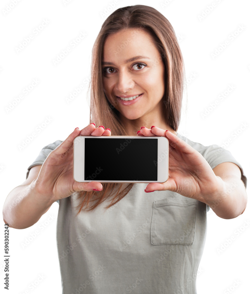 Happy young woman showing at blank screen mobile phone Happy young woman showing at blank screen mobile phone