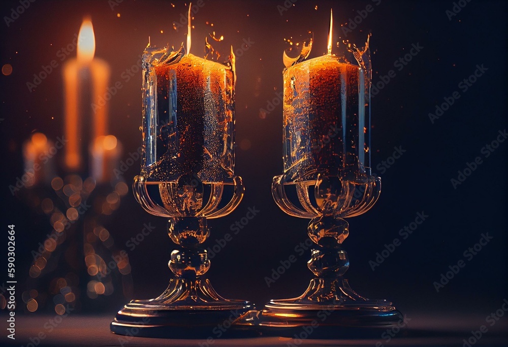 Two sparkling candlesticks aflame. Generative AI - obrazy, fototapety, plakaty 
