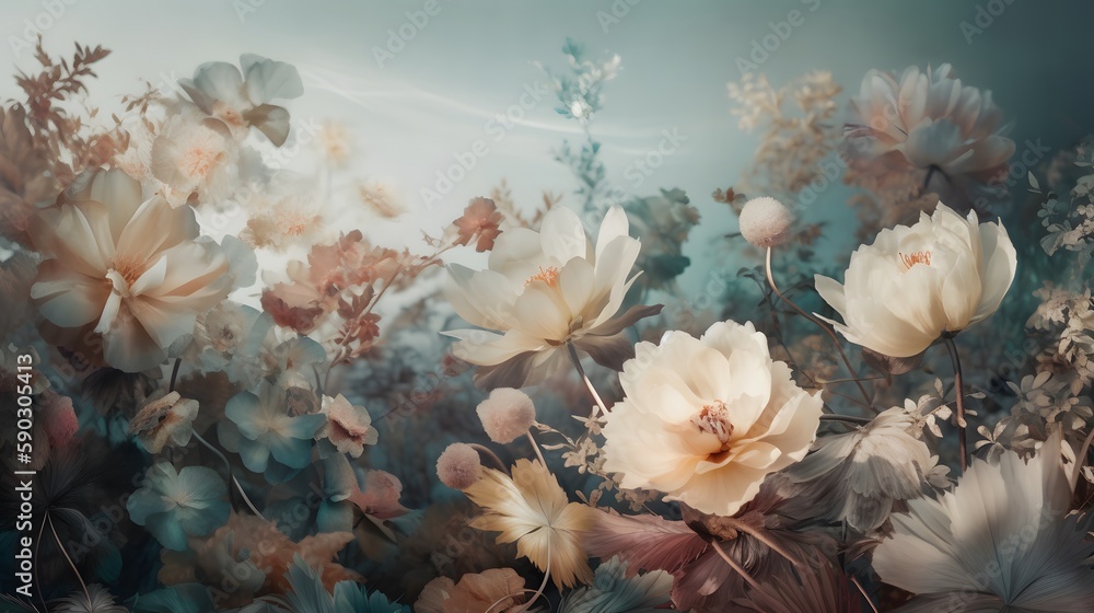 3D flowers in pastel tones against ethereal backdrop. Generative AI