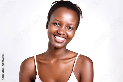 A Black woman is shown smiling and standing in front of a white background  illuminated by studio lighting. generative AI