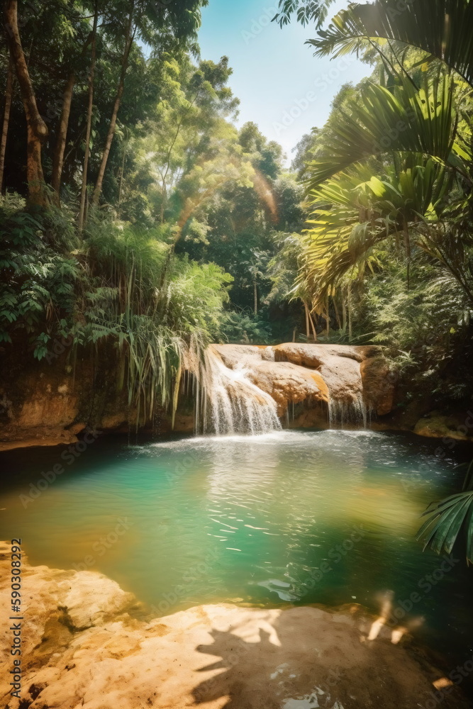 Wasserfall im tropischen Dschungel . Natur Hintergrund und Tapete Konzept Oase - erstellt mit AI Wasserfall im tropischen Dschungel . Natur Hintergrund und Tapete Konzept Oase - erstellt mit AI