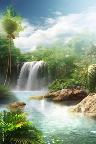 Wasserfall im tropischen Dschungel . Natur Hintergrund und Tapete Konzept Oase - erstellt mit AI