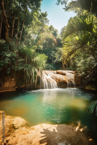 Wasserfall im tropischen Dschungel . Natur Hintergrund und Tapete Konzept Oase - erstellt mit AI © Marc Kunze