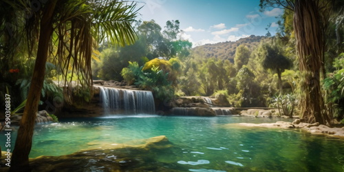 Beautiful waterfall in jungle with palm trees and sunshine background image - created with AI © Marc Kunze