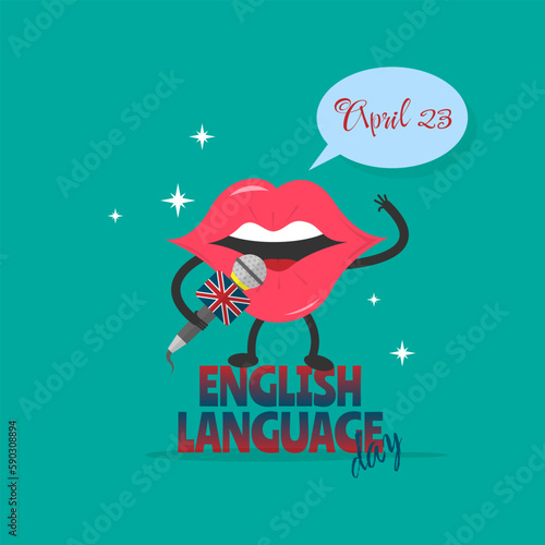 English Language Day with cute mouth holds microphone and speak