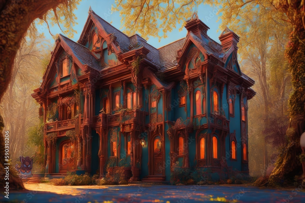 Fototapeta premium a painting of a huge scary house in a forest. Generative AI