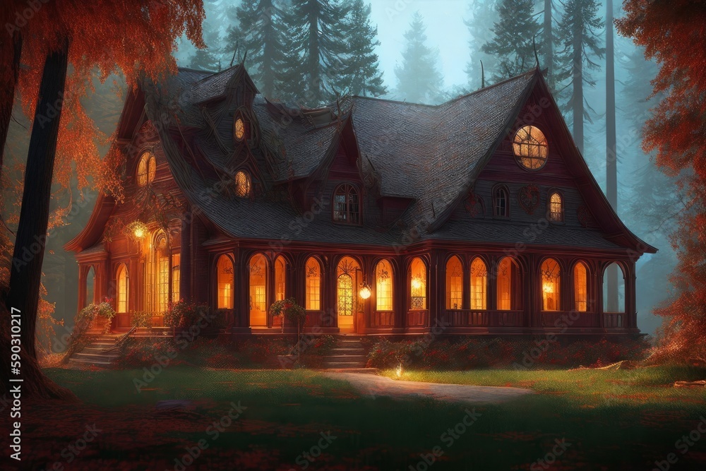 Obraz premium a painting of a huge scary house in a forest on a foggy night with a lot of lights. Generative AI