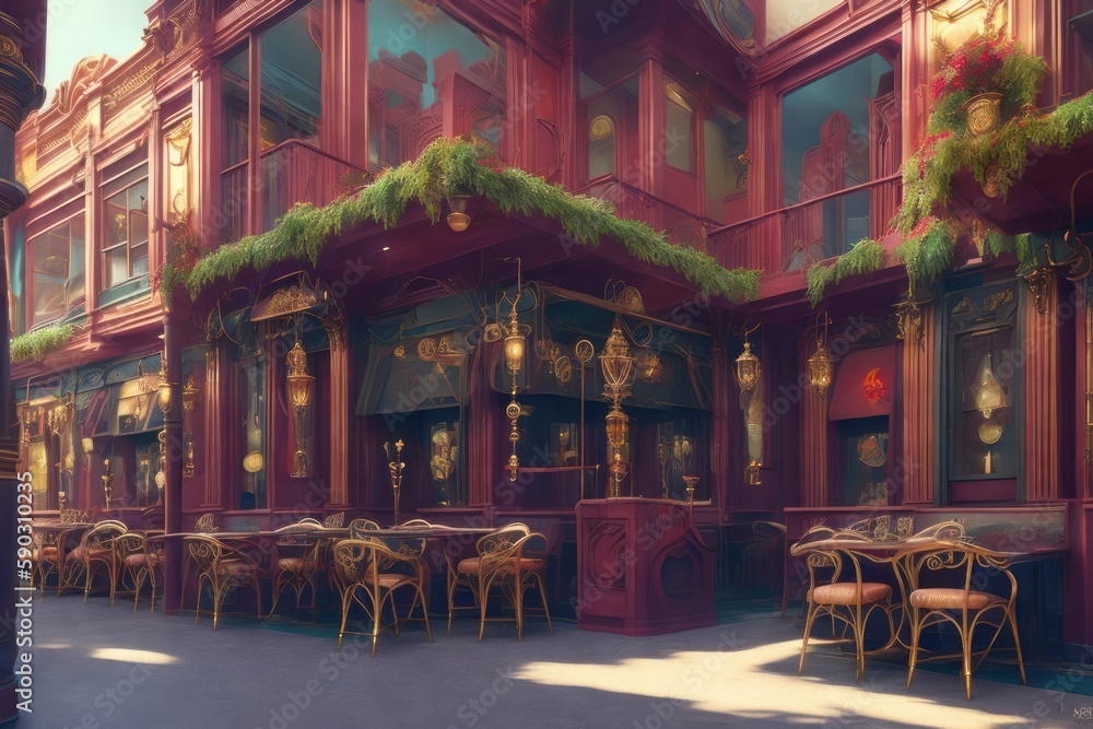 a painting of a restaurant cafe on a beautiful sunny day. Generative AI
