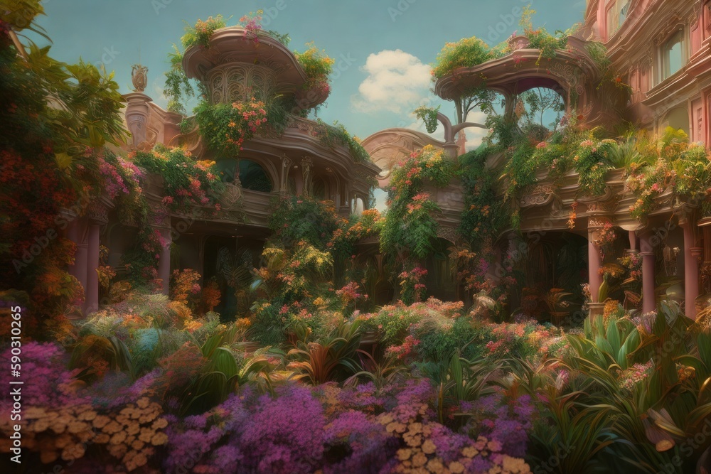 Obraz premium a painting of a beautiful magic hanging graden with a lot of different plants and flowers and a monument building on a sunny day. Generative AI