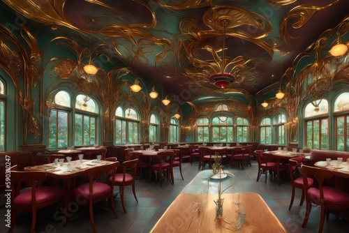 a painting of the interior of a luxury restaurant. Generative AI