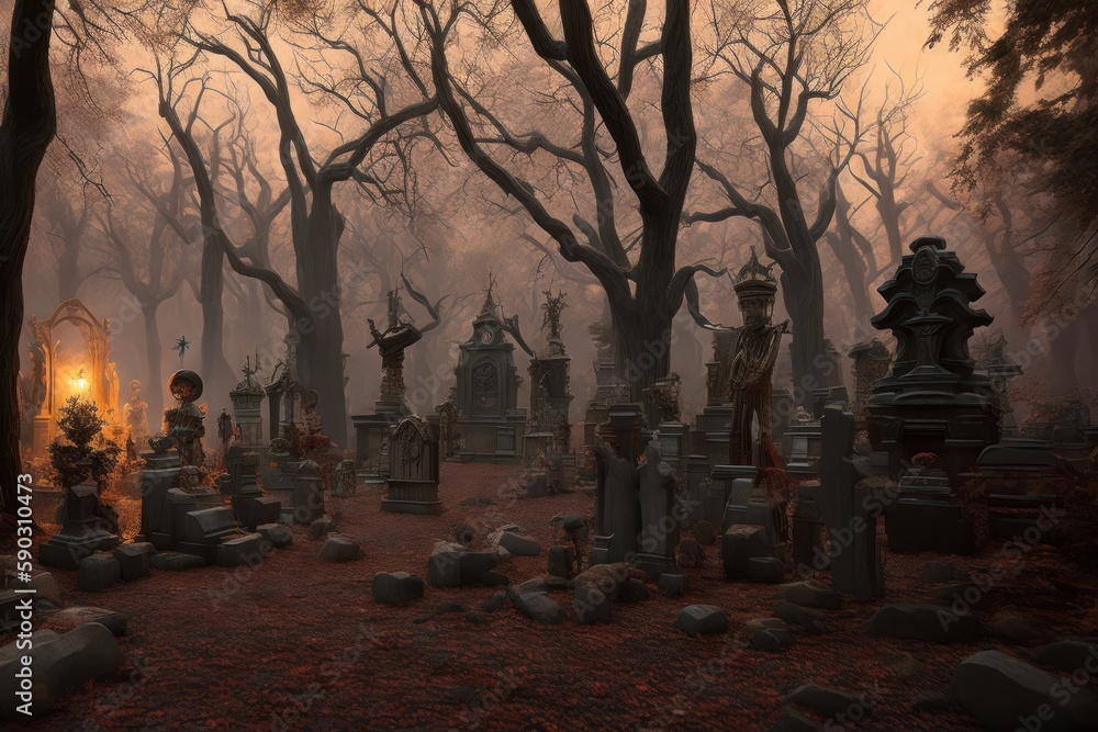 painting of a scary horror graveyard in the night with tombstones and trees. Generative AI