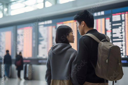 Asian couple tourist looking at flight schedules for checking take off time. Generative AI