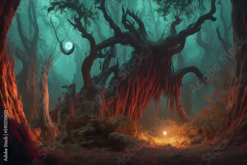 scary creepy mysterious forest with trees moon and a campfire. Generative AI