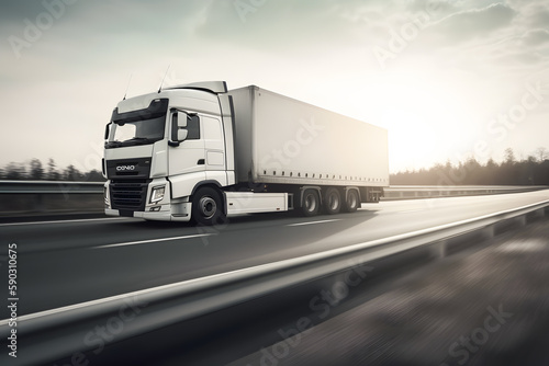 White big rig long haul semi truck at high speed on freeway. Generative AI