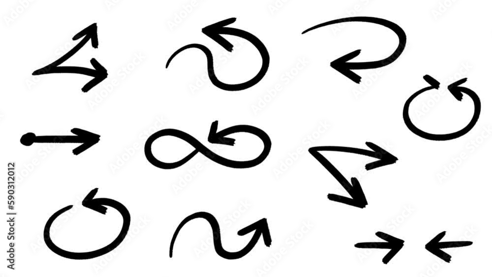 Arrows set version 2 animated hand drawn black on white. Slow animation. Arrow cartoon irregular shape. Good for any video material. Motion graphic explainer.