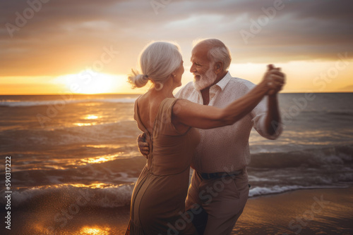 Senior couple dancing on the beach. Retirement elderly family travel in vacations and summer. Generative AI.