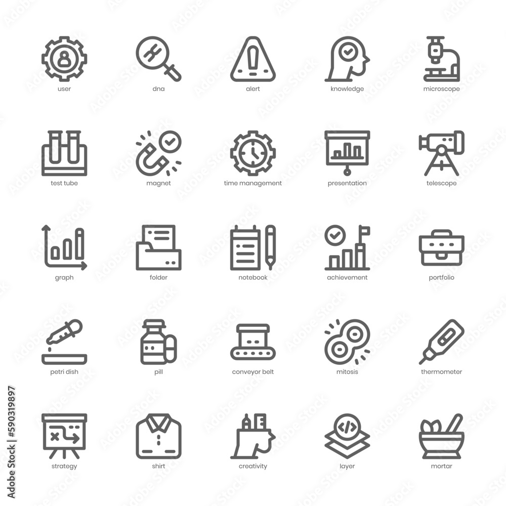 Research and Development Icon pack for your website design, logo, app, and user interface. Research and Development Icon outline design. Vector graphics illustration and editable stroke.