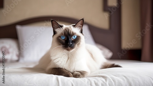 Majestic Balinese Cat Sitting on the Bed © Emojibb.Family