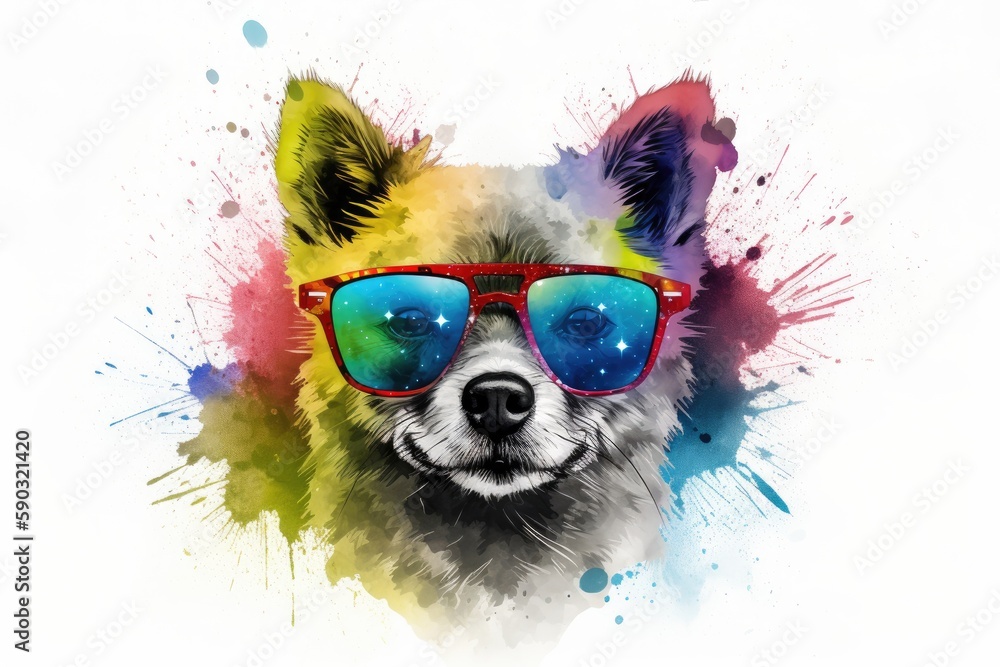 dog in sunglasses realistic with paint splatter abstract  