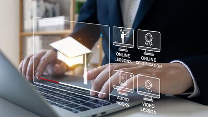 E-learning concept.Business man using laptop computer study online education training for personal development and Professional at home, study online, Digital courses to develop new skills,icon.