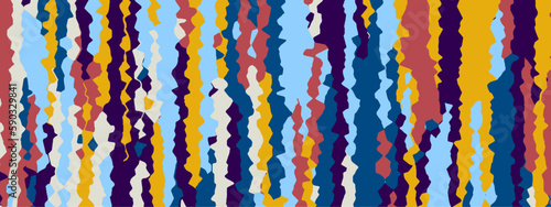 Yellow red blue white shapes, wax like forms, abstract background. Background with multi-colored lines. Vintage striped pattern