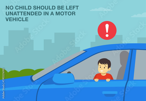 Safe driving tips and rules. No child should be left unattended in a motor vehicle. Close-up of kid sitting in front driver's seat. Side view. Flat vector illustration template.
