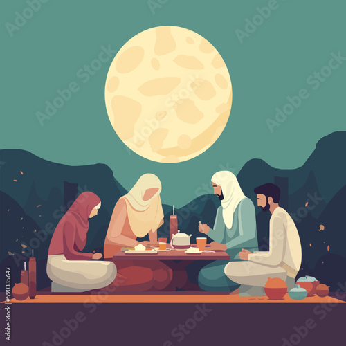 small family doing sahur before dawn prayer