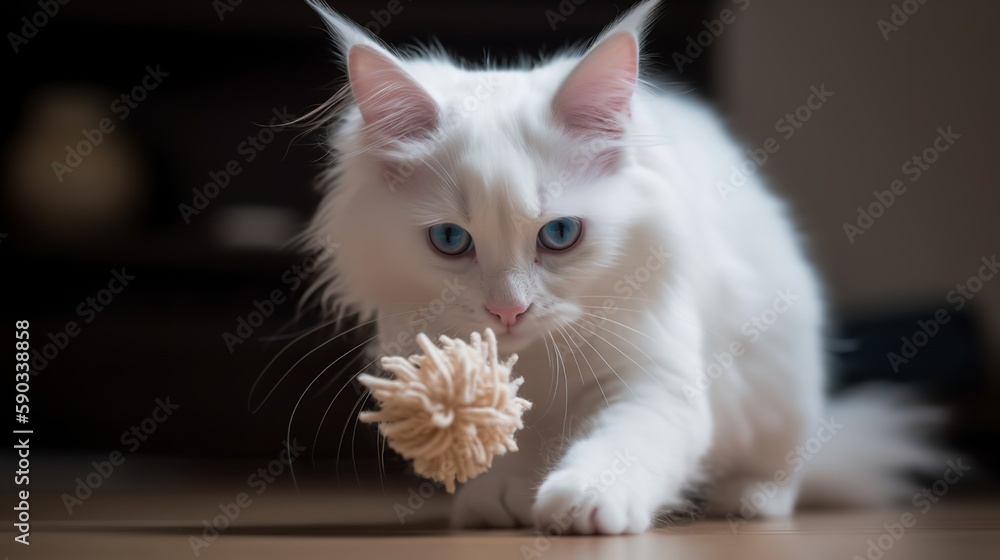 Adorable Turkish Angora kitten playing with a toy