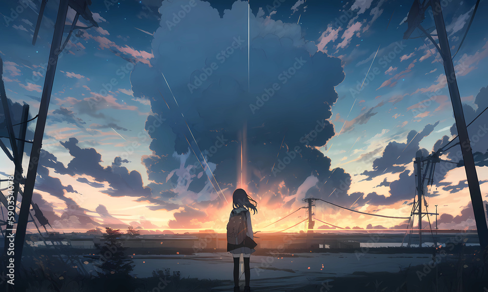 Fototapeta premium looking at a nuclear explosion, anime style. generative AI