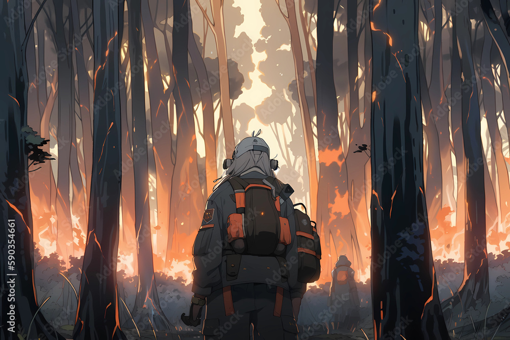 looking at a wildfire spreading through a forest, anime. generative AI