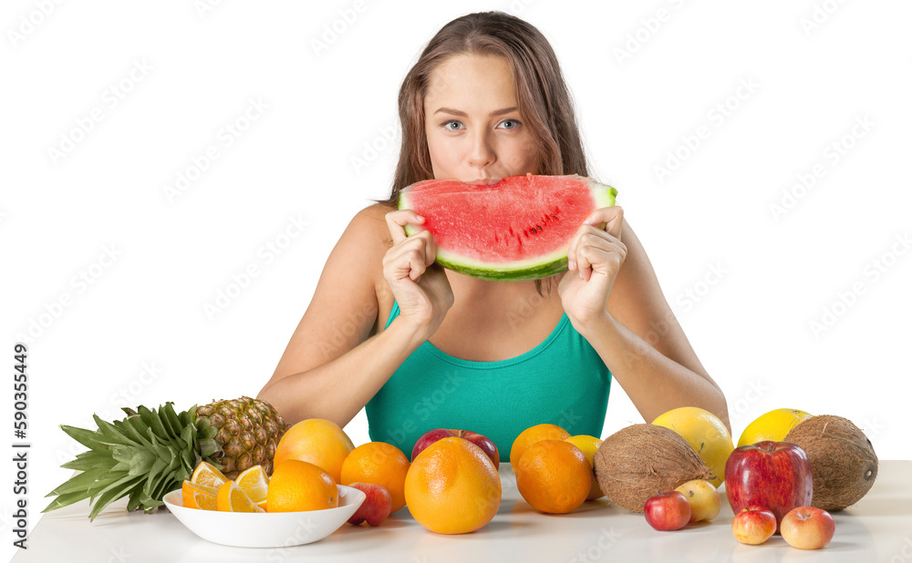 Young cute woman eat fruits isolated on white background Young cute woman eat fruits isolated on white background