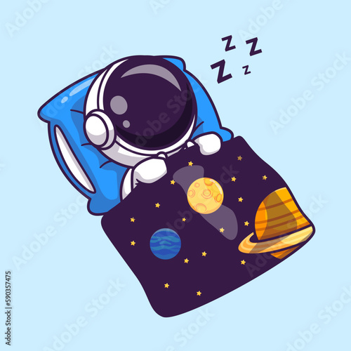 Cute Astronaut Sleeping With Space Blanket Cartoon Vector Icon Illustration. Science Technology Icon Concept Isolated Premium Vector. Flat Cartoon Style