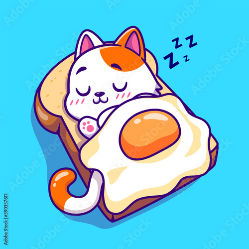 Cute Cat Sleeping On Bread With Egg Blanket Cartoon Vector Icon Illustration. Animal Food Icon Concept Isolated Premium Vector. Flat Cartoon Style