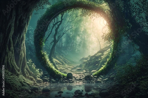 Illustration of mysterious circle in the forest. Mystic gate, eye, environment, dim sunlight concept. Made with Generative AI