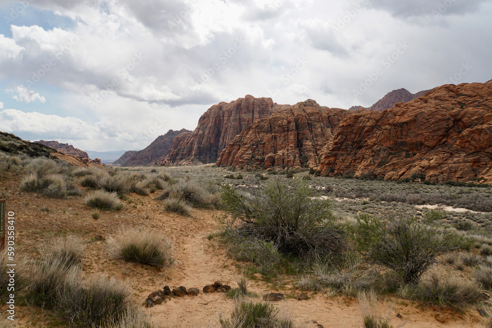 Moody view of the red sandstone formations at Snow Canyon State Park on a stormy day