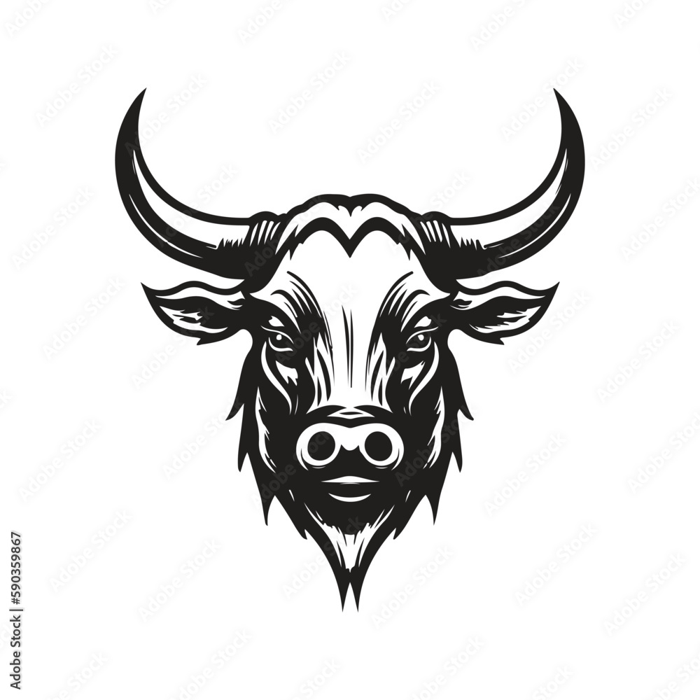 long horn bull, vintage logo concept black and white color, hand drawn illustration