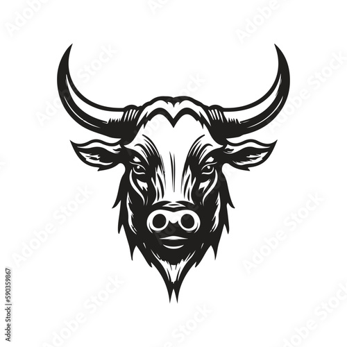 long horn bull, vintage logo concept black and white color, hand drawn illustration