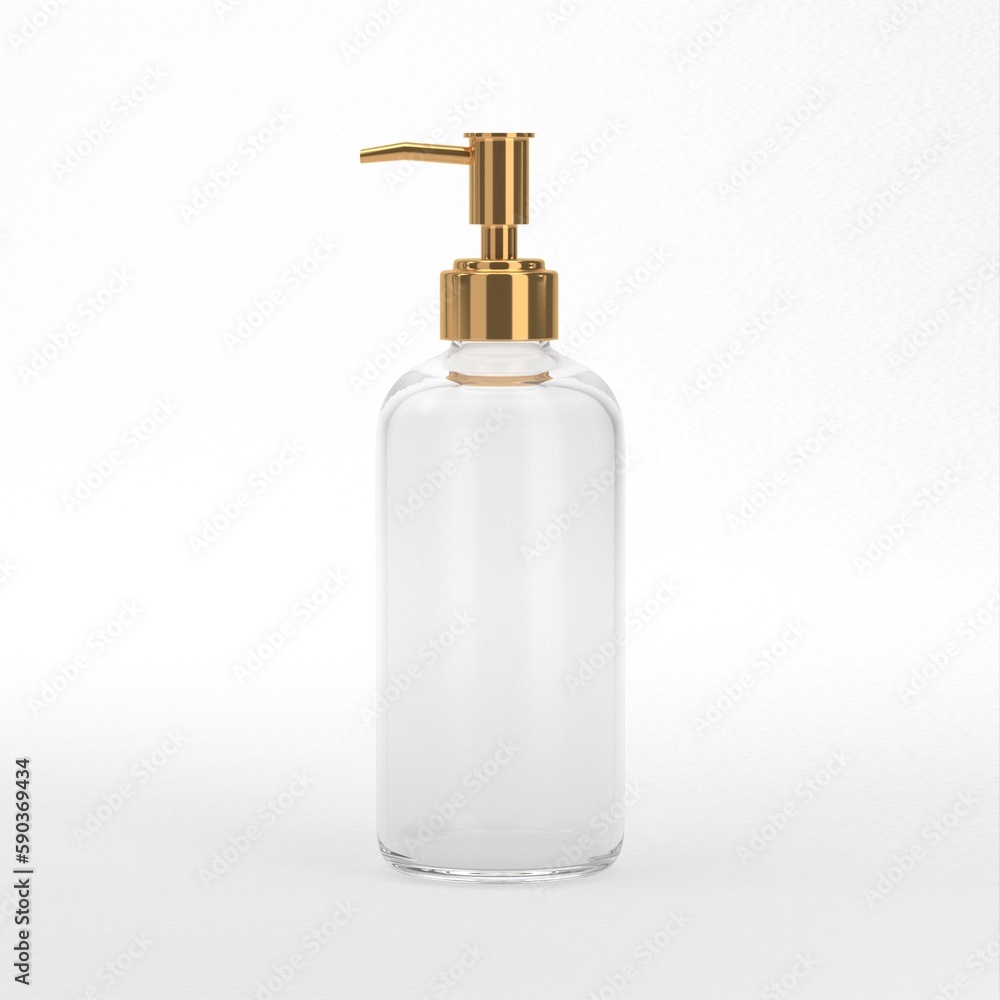 Clear unbranded dispenser bottle isolated with gold cap on white background, cosmetic packaging mockup with copy space, Ads template mockup 3D rendered realistic plastic and Glass bottle Clear unbranded dispenser bottle isolated with gold cap on white background, cosmetic packaging mockup with copy space, Ads template mockup 3D rendered realistic plastic and Glass bottle
