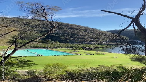 Sounds of summer vertical ASMR video of summer pool and riverside scene in Launceston, Tasmania in Australia. Shot taken through trees with people laying on grass and swimming in turquoise blue pool.  photo