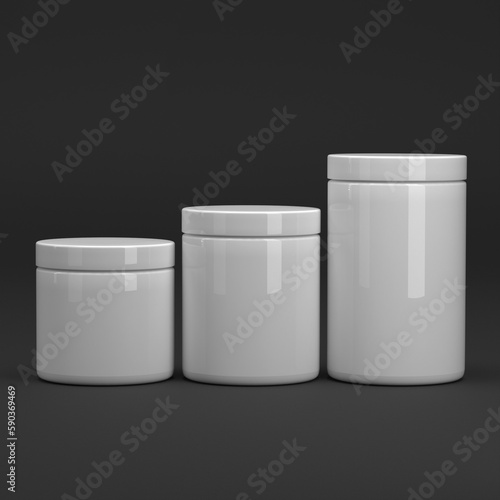 Multiple Round glossy white cosmetic jars with lids for body cream, gel, butter, bath salt, and skin care, are isolated on black background. Realistic cosmetics packaging mockup template. 3D Render