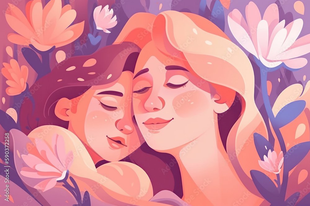 Mother and child's bond amidst a sea of colorful flowers, making it a perfect choice for Mother's Day, symbolizing the beauty and tenderness of maternal love. AI Generative