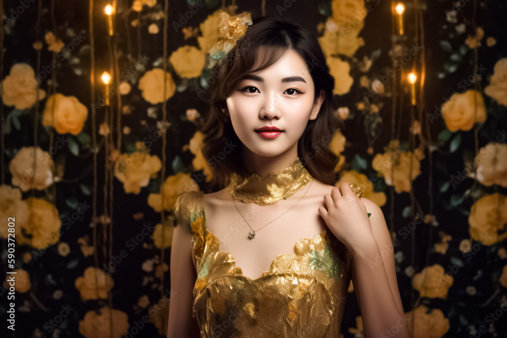 Japanese woman in angura kei gold floral dress, intricate design, vibrant flower, dark orange and light gold colors. generative AI Japanese woman in angura kei gold floral dress, intricate design, vibrant flower, dark orange and light gold colors. generative AI