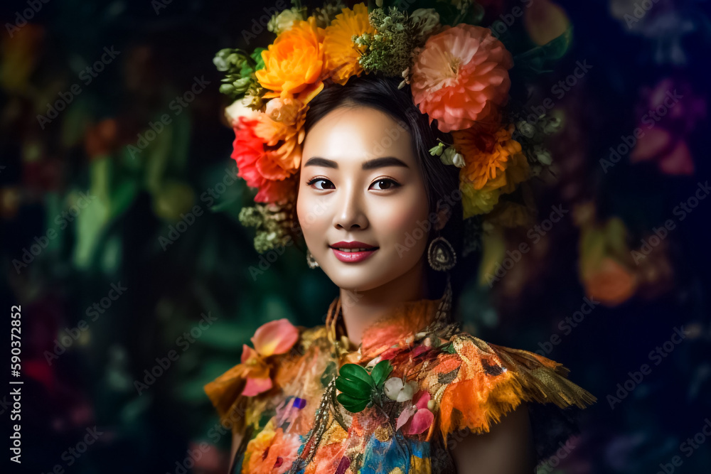 Japanese woman in angura kei gold floral dress, intricate design, vibrant flower, dark orange and light gold colors. generative AI